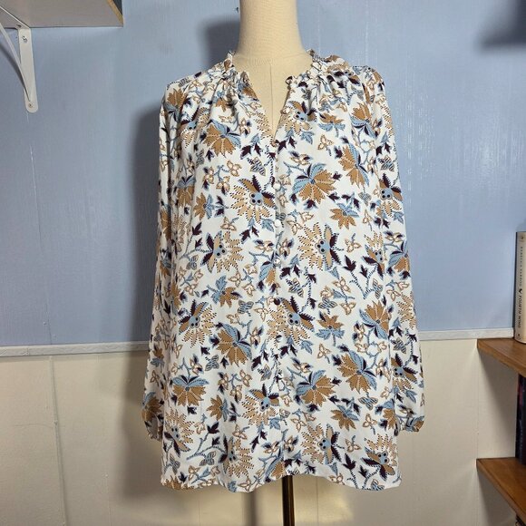 Ann Taylor XXL White Blue Tan Floral Print Button Up Longsleeve Casual Blouse - Picture 1 of 9